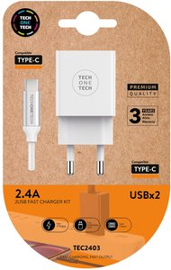 CARGADOR TECHONE DOBLE + CABLE USB-USB-C