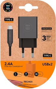CARGADOR TECHONE DOBLE + CABLE USB-USB-C